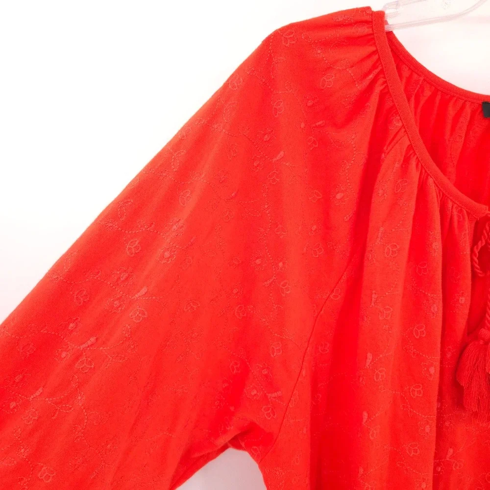 J.Crew Peasant Blouse Women‎ XL Orange Embroidered Tassel Tie Boho Cotton Top